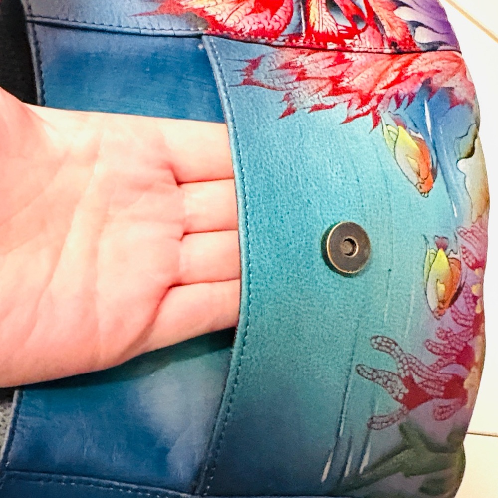 [Anuschka] Hand-Painted Leather Medium Flap Messenger Bag Purse, "Dolphin World" - Picture 11 of 16